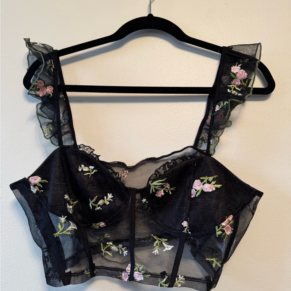 Floral Embroidered Sheer Black Crop Top